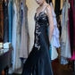 Spaghetti Straps Black Satin Evening Gown Sweetheart Floral Embroidery Beaded High Side Slit Long Prom Dress gh9710