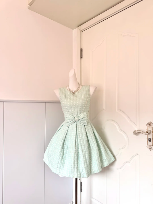 Women Mint Green Homecoming Dress, Sleeveless Round Neck Circle‑Pattern Jacquard Fabric Large Waist Bow Pleated Flared A‑Line Mini Party Dress gh9210