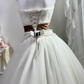 White Strapless Wedding Dress, Ruched Bodice With Beaded Rhinestone, Vintage Brown Embroidered Sash Multi Pearl Chain Voluminous Tulle A-Line Bridal Gown gh9267