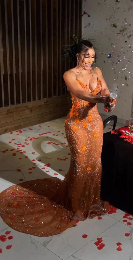 Orange Luxus Glänzend Perlen V-Ausschnitt Sexy Elegant Meerjungfrau Slim Fit Lange Bodenlange Schleppe Ballkleid Abendkleid Partykleid Ballkleid gh3660