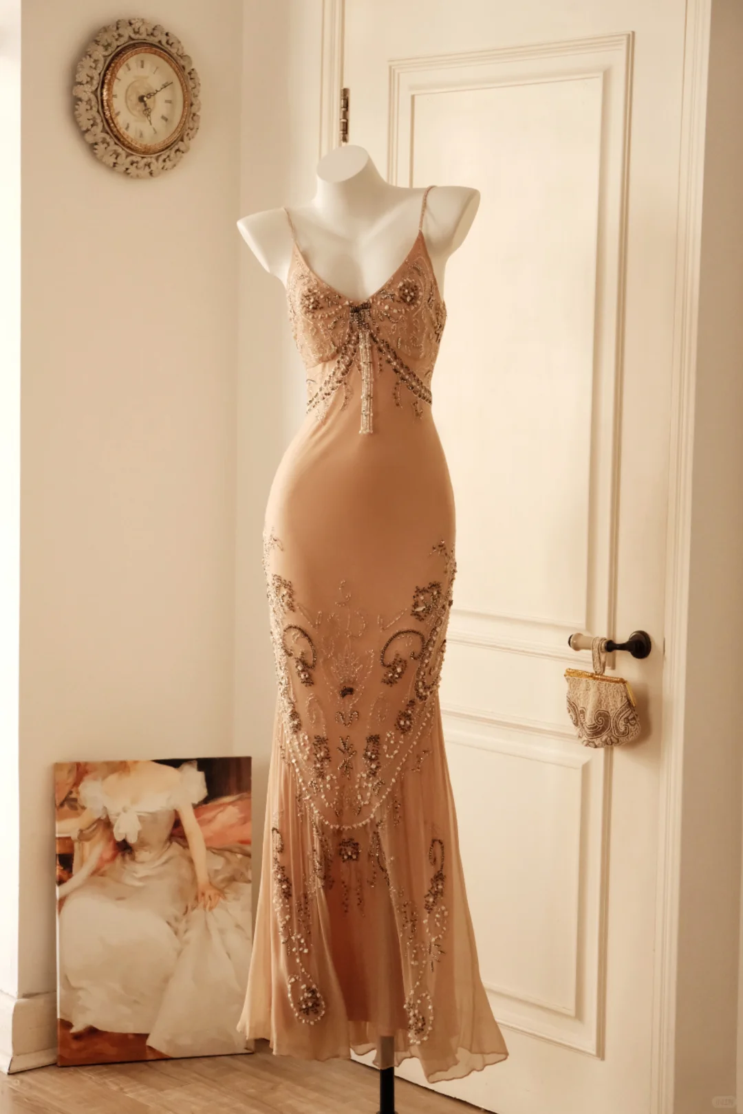 Nude Apricot Vintage Mermaid Prom Dress Spaghetti Straps V Neck Hand Beaded Tassel Evening Gown gh9597