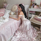Rosa Vintage langes Satin formelles Ballkleid Abendkleid Partykleid gh4901