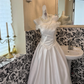 White Satin Strapless Floral Embroidered Waist-Cinched Draped Long Romantic Dress, Wedding Gown gh7596
