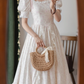 Elegant Vintage White Base Light Pink Floral Print Puff Sleeve Fitted Waist Prom & Evening Party Dress gh8494