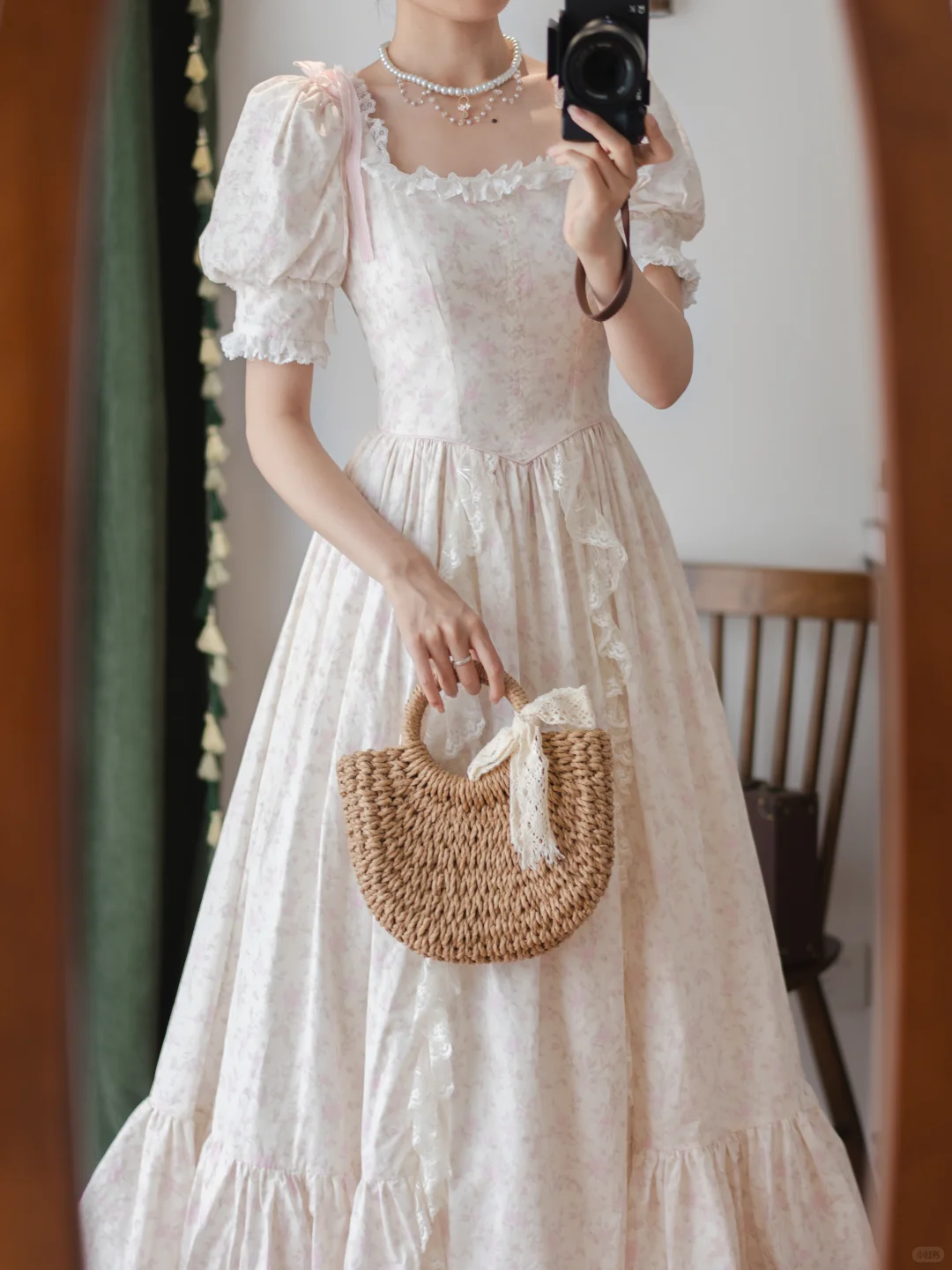 Elegant Vintage White Base Light Pink Floral Print Puff Sleeve Fitted Waist Prom & Evening Party Dress gh8494