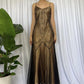 Robe de soirée longue en mousseline de soie, satin et tulle, élégante et raffinée, style vintage, marron doré, avec perles, gh3723