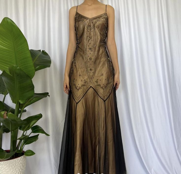 Robe de soirée longue en mousseline de soie, satin et tulle, élégante et raffinée, style vintage, marron doré, avec perles, gh3723