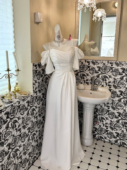 White Spaghetti Strap Off-the-Shoulder Waist-Cinched Elegant Vintage Romantic Dress, Wedding Gown gh7582