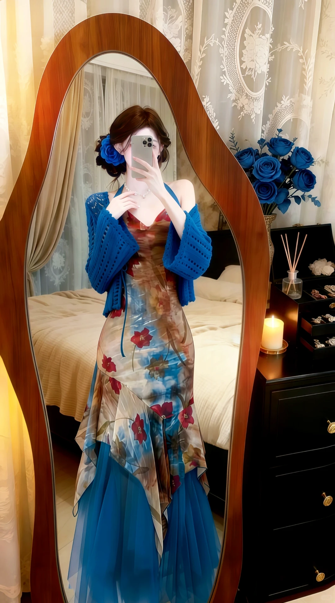 Halter V‑Neck Floral Print Evening Gown, Irregular Ruffle Skirt With Blue Knit Cardigan Prom Dress gh9136
