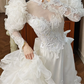 White Vintage Mermaid Wedding Gown, Mock Neck Illusion Tulle Sweetheart Neck, 3D Ruffle Puff Shoulders, Sheer Lace Long Sleeves, Embroidered Lace Appliqués Fitted Bodice, Multi‑Layer Ruffle Mermaid Long Train, Prom Dress gh8661