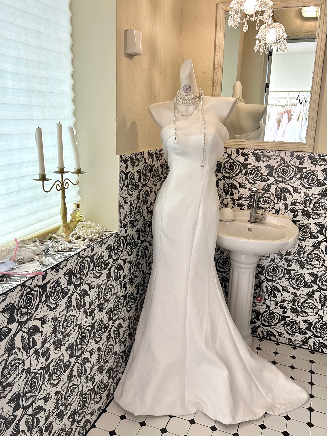 White Satin Minimalist Strapless Waist-Cinched Figure-Flattering Sexy Mermaid Long Romantic Dress, Wedding Gown gh7756