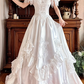 White Satin Vintage V‑Neck Ruffle Puff Short Sleeve Lace Applique Fitted Waist Tiered Ruffle Skirt Prom Gown, Wedding Dress gh8610