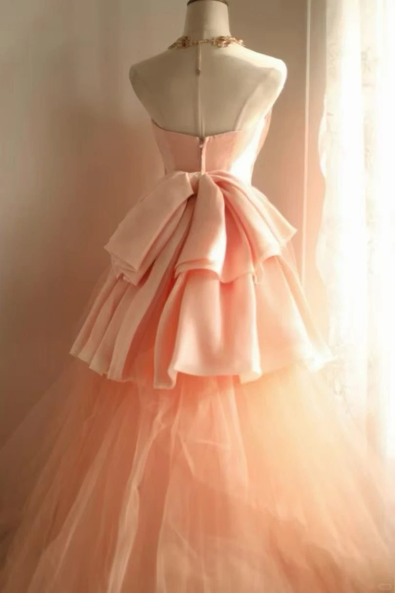 Peach Pink Strapless Ball Gown, Sweetheart Neckline 3D Floral Appliqué High Waist Back Big Bow Flowy Tulle A‑Line Long Formal Dress gh9109