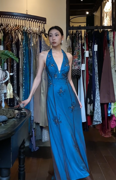 Teal Blue Halter Deep V Long Formal Gown Hand Beaded Chiffon Evening Dress gh9664