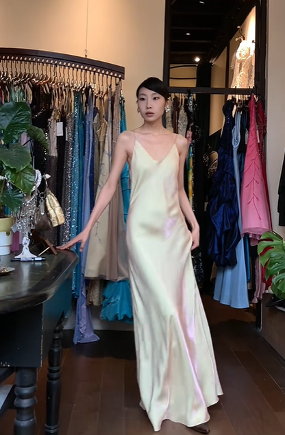 Light Champagne Spaghetti Strap Long Formal Gown Shiny Satin Maxi Evening Dress gh9639