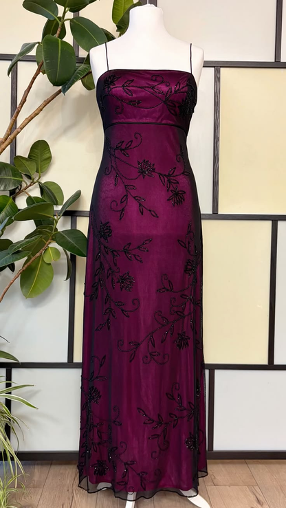 ✨Girlhomeshops-Burgundy Purple Spaghetti Strap Black Floral Beaded Tulle Sheath Formal Prom Gown gh10263