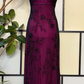 ✨Girlhomeshops-Burgundy Purple Spaghetti Strap Black Floral Beaded Tulle Sheath Formal Prom Gown gh10263