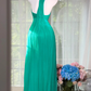 Emerald Green Halter V-Neck Pleated Chiffon Long Evening Dress, Rhinestone Detail Prom Gown gh9512
