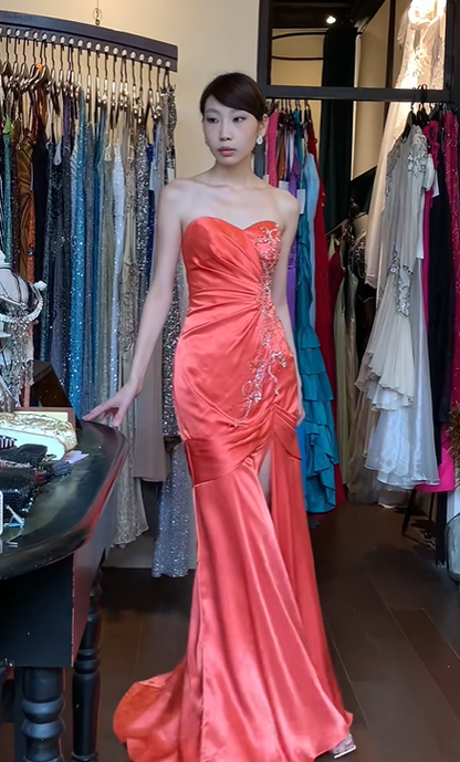 Orange Satin Strapless Sweetheart Evening Gown Hand Beaded Rhinestone High Slit Mermaid Long Prom Dress gh9718