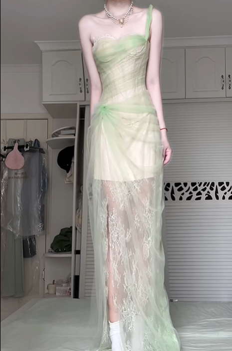 Sage Green One‑Shoulder Strapless Evening Gown, Boned Corset Draped Tulle Lace Sheer High‑Slit Mermaid Prom Dress gh9055