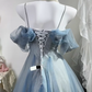 Dusty Blue Glitter Tulle Long Evening Gown, Off Shoulder Puff Sleeve A-Line Prom Dress With Bow gh9285