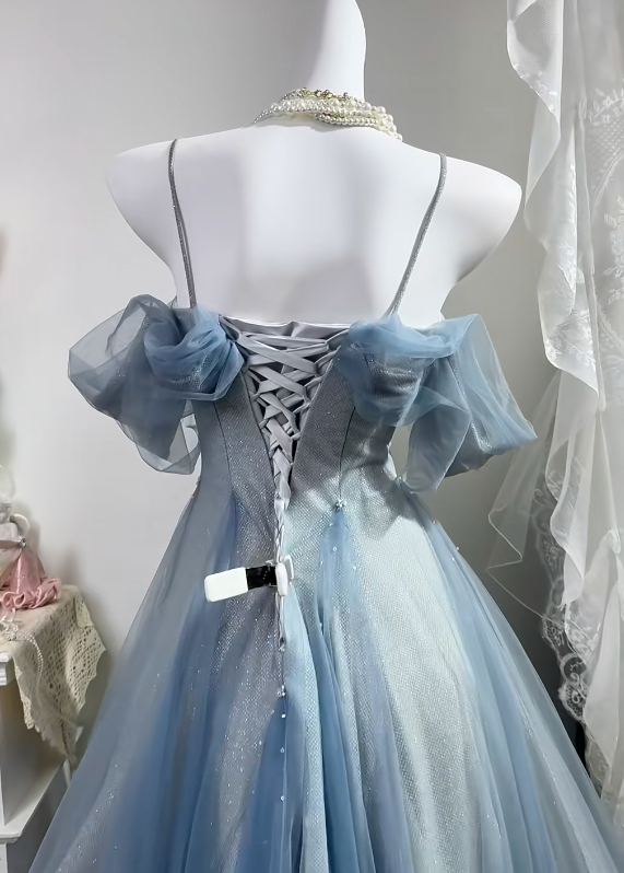 Dusty Blue Glitter Tulle Long Evening Gown, Off Shoulder Puff Sleeve A-Line Prom Dress With Bow gh9285