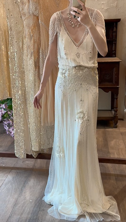 Ivory White Gatsby Vintage Wedding Gown, Deep V‑Neck Sheer Cape Sleeve Heavy Beaded Embroidery Slim Mermaid Bridal Dress gh9074