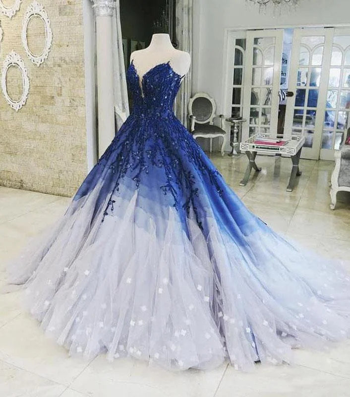 Blaues, glänzendes, elegantes V-Ausschnitt-Applikations-Farbverlaufs-Langballkleid, Ballkleid, Abendkleid, Zeremoniekleid für Erwachsene, gh3104
