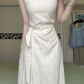 Ivory Minimalist Sleeveless Long Evening Gown, Boat Neck Wrap Sash Waist Textured Chiffon A‑Line Formal Dress for Banquet Party gh8962
