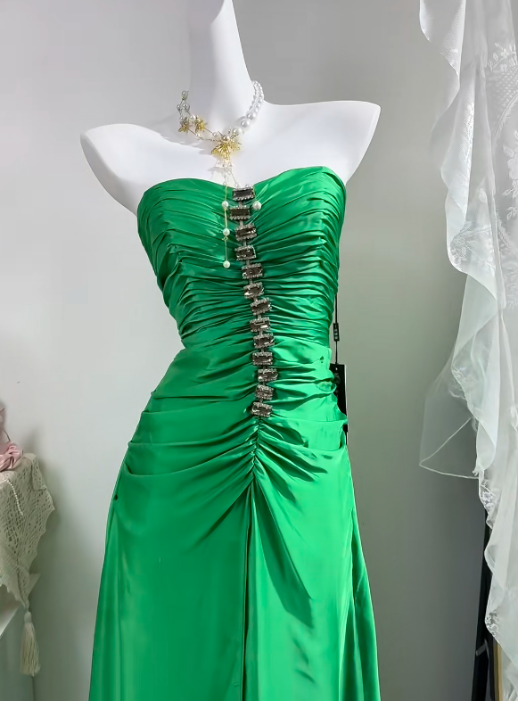 Bright Green Satin Long Evening Gown, Strapless Ruched Bodice With Beading Slit Formal Prom Dress gh9277