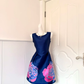 Navy Blue Sleeveless Short Cocktail Dress, Round Neck Floral Rose Print High‑Waist A‑Line Mini Homecoming Gown gh9154