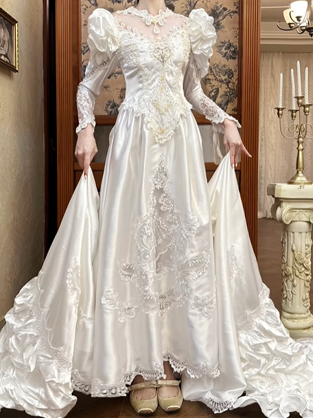White Vintage Satin Ball Gown Wedding Prom Dress, Pearl Lace High Neck Illusion Sweetheart, 3D Floral Puff Shoulders, Boned Corset, Symmetrical Sheer Lace Embroidery, Ruffled Long Train gh8684