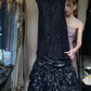 Spaghetti Strap Black Sequin Prom Dress Wide Satin Waist Ruched Ruffle Lace Tiered Formal Evening Gown gh9805