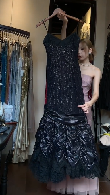 Spaghetti Strap Black Sequin Prom Dress Wide Satin Waist Ruched Ruffle Lace Tiered Formal Evening Gown gh9805