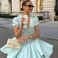 Girlhomeshops - Robe de soirée courte en satin bleu clair à col en V et manches bouffantes, style trapèze, tenue d'anniversaire, gh5289