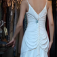 Spaghetti Straps White Evening Gown V Neck Ruched Vertical Rhinestone Ruffle Mermaid Long Prom Dress gh9691