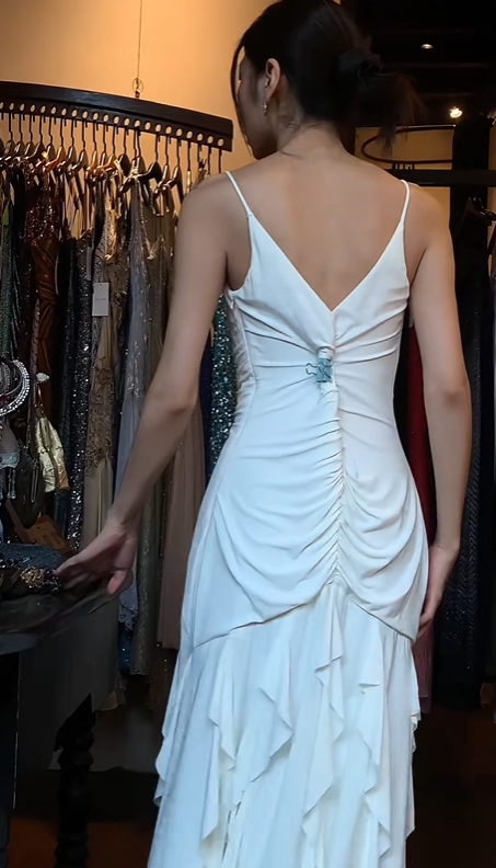 Spaghetti Straps White Evening Gown V Neck Ruched Vertical Rhinestone Ruffle Mermaid Long Prom Dress gh9691