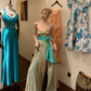 Strapless Color Block Long Evening Gown Gold Sequin Pleated High Slit Prom Dress gh9870