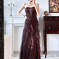 Wine‑Brown Vintage Strapless Sweetheart Prom Gown, Exquisite Rhinestone Applique On Bust, Ruched Tulle Bodice & Waist, Irregular Layered Ruffled Tulle Mermaid Floor‑Length Evening Dress gh8822