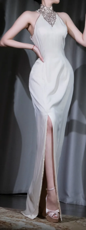 Halter High Neck White Evening Dress, Backless Rhinestone Embellished High Slit Satin Formal Gown gh9900