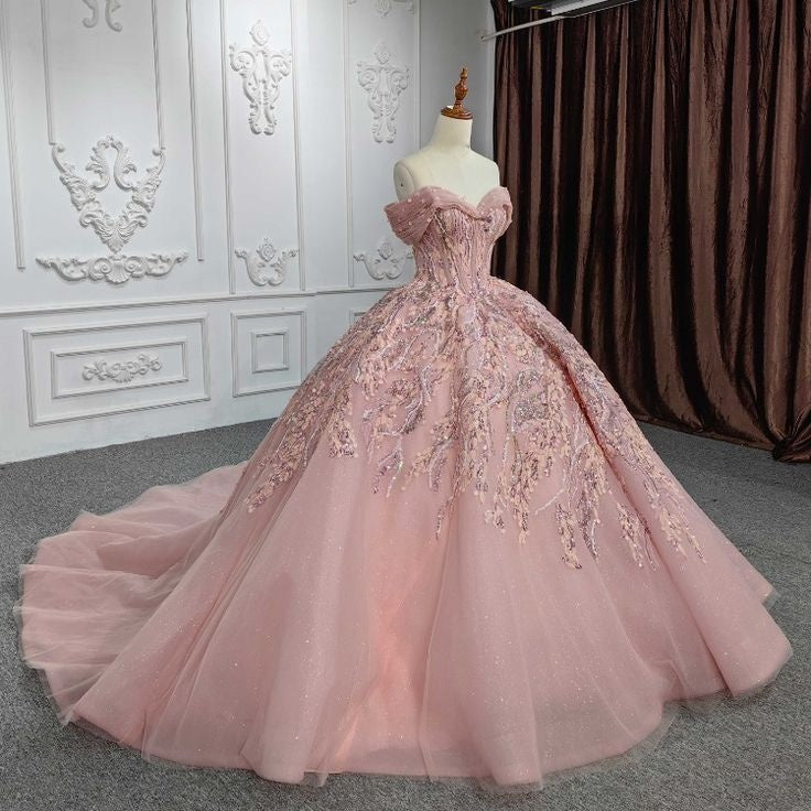 Robe de soirée longue en tulle rose magnifique et brillante avec broderie exquise et appliques gh3163