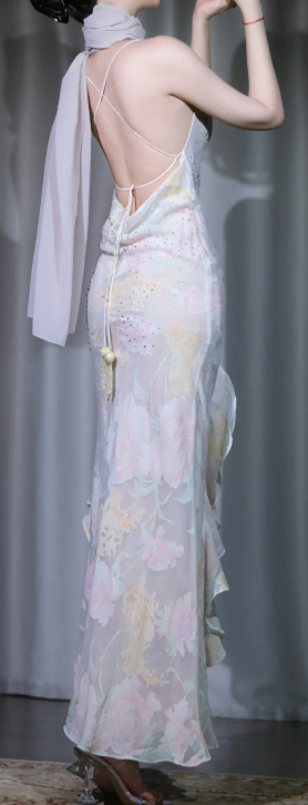 ✨Girlhomeshops-Pastel Watercolor Floral Spaghetti Strap Prom Gown Backless Starfish Rhinestone Asymmetrical Ruffle Dress gh10086