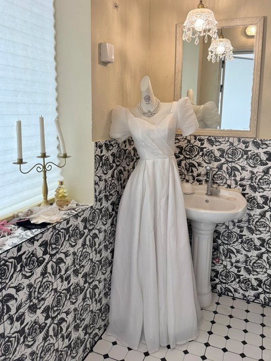 White Puff Sleeve Square Neck Waist-Cinched Slimming Elegant Romantic Dress, Wedding Gown gh7695