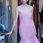 Pink Strapless Sweetheart Hand Beaded Tiered Ruffle Satin Mermaid Long Evening Prom Dress gh9785