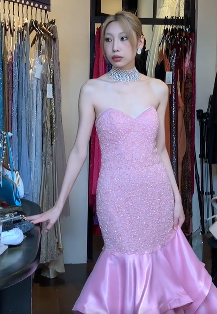 Pink Strapless Sweetheart Hand Beaded Tiered Ruffle Satin Mermaid Long Evening Prom Dress gh9785
