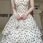 White‑Base Black Polka‑Dot Spaghetti Strap Long Evening Gown, Bow V‑Neck Tiered Cake Skirt Formal Prom Dress gh9026
