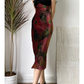 Vintage Oil‑Painting Print Halter Midi Gown, Black Velvet Bandeau With Bow Detail, Adjustable Halter Tie, Vertical Pleated Crinkle Fabric, Artistic Floral Print,  Open‑Back Cocktail Party Photoshoot Dress gh8856