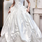 Ivory Vintage 3D Floral Puff‑Shoulder Satin Ball Gown Wedding Dress gh8746