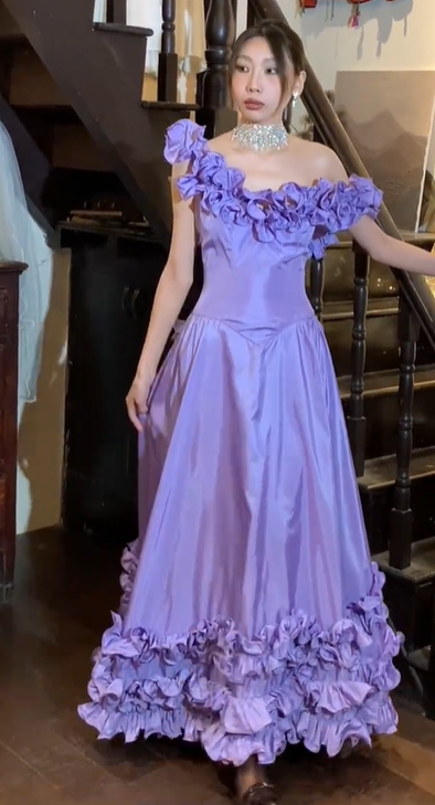 Lavender Off Shoulder Ruffle Satin A Line Long Evening Prom Dress gh9781