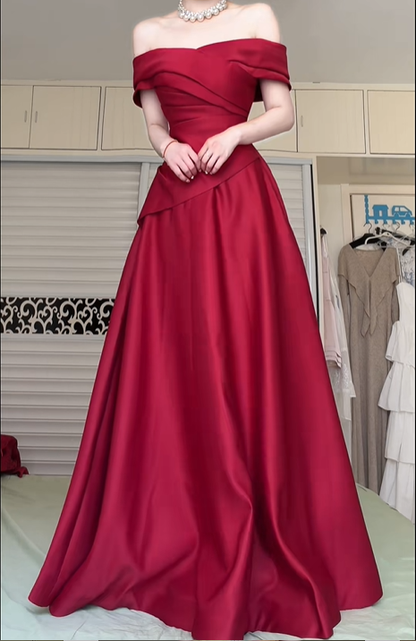 Burgundy Satin Off‑the‑Shoulder Long Evening Gown, Cross Pleated Bodice A‑Line Floor‑Length Formal Prom Dress gh8973